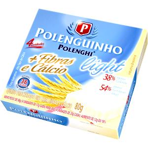 Quantas calorias em 1 1/2 unidades (30 g) Polenguinho Fibras e Cálcio Light?