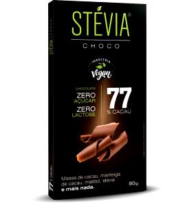 Quantas calorias em 1/4 tablete (20 g) Chocolate 77% Cacau Stevia?