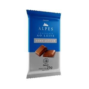 Quantas calorias em 1 barra (25 g) Alpes Chocolate Ao Leite Zero Açúcar?