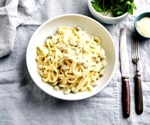 Quantas calorias em 1 Dose Tagliatelle Com Favas E Molho De Ricota E Hortelã?