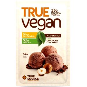Quantas calorias em 1 medida dosadora (34 g) True Vegan Chocolate com Avelã?