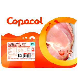 Quantas calorias em 1 Oz, Com Ossos (Produto Após Cozinhado, Ossos E Pele Removidos) Sobrecoxa de Frango (Pele Não Consumida)?