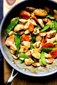 Quantas calorias em 1 Oz Moo Goo Gai Pan?