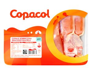 Quantas calorias em 1 Oz, Sem Ossos, Cozida (Produto Após Pele Removida) Sobrecoxa de Frango (Pele Não Consumida)?