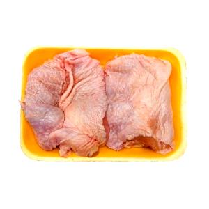 Quantas calorias em 1 Oz, Sem Ossos, Cozida, Sem Pele Coxa de Frango (Pele Não Consumida)?