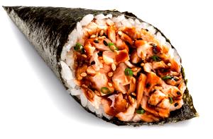 Quantas calorias em 1 porção (128 g) Temaki Salmão Kani?