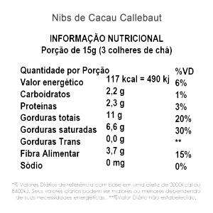 Quantas calorias em 1 porção (15 g) Nibs de Cacau?