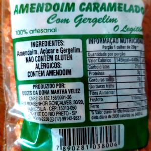 Quantas calorias em 1 porção (20 g) Amendoim Caramelado?