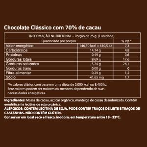 Quantas calorias em 1 porção (25 g) Chocolate Cacau 70%?