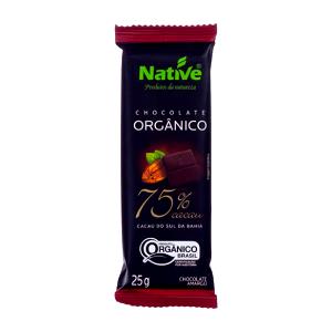 Quantas calorias em 1 porção (25 g) Chocolate Orgânico 75%?