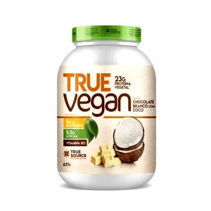 Quantas calorias em 1 porção (34 g) True Vegan Chocolate Branco com Coco?