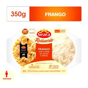 Quantas calorias em 1 porção (350 g) Rotisserie Frango com Creme de Milho e Arroz?