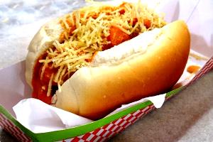 Quantas calorias em 1 Porção Sanduíche cachorro quente (com pão hot dog e salsicha) com catchup mostarda maionese milho ervilha purê de batata molho vinagrete e batata palha?