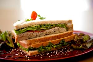 Quantas calorias em 1 Porção Sanduíche pão forma integral com queijo minas frescal com alface americana atum em conserva em conserva tomate e maionese?