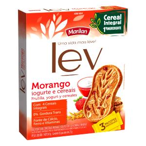 Quantas calorias em 3 biscoitos (27 g) Lev Morango e Cereais?