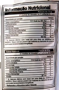 Quantas calorias em 3 colheres de sopa (30 g) Albumina Sabor Natural?