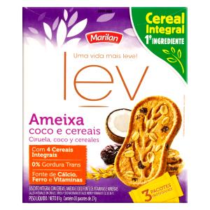 Quantas calorias em 3 unidades (27 g) Lev Ameixa Coco e Cereais?