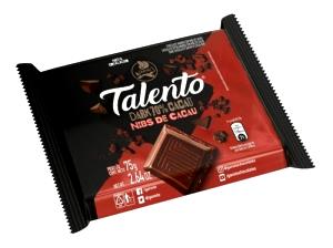 Quantas calorias em 4 quadrados (33 g) Talento Dark 70% Nibs de Cacau?